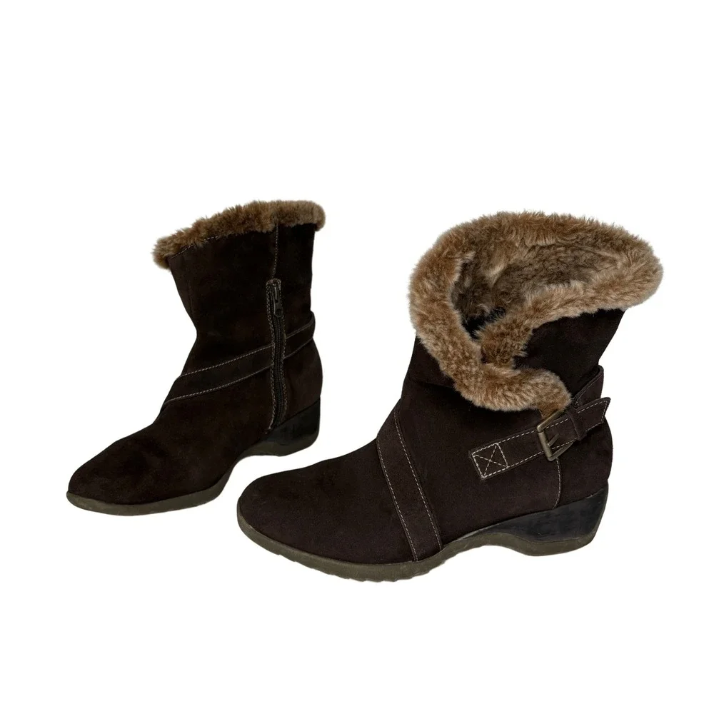 Sporto Womens Nubuck Faux Fur Collar Wedge Ankle Boots Size 9.5M Brown Cozy Boho